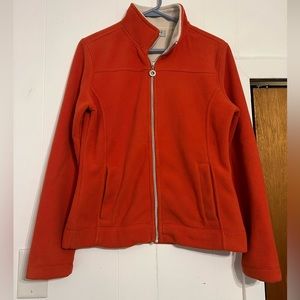 Orange zip up fleece jacket outdoors comfy warm hiking camping granola girl